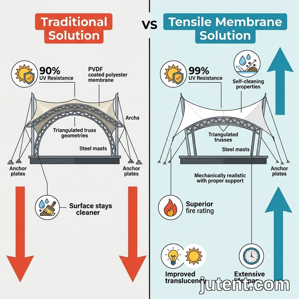 Infographic comparing PVDF and PTFE membrane properties for outdoor stage canopies, showing UV resistance, fire rating, acoustic performance, and cost.