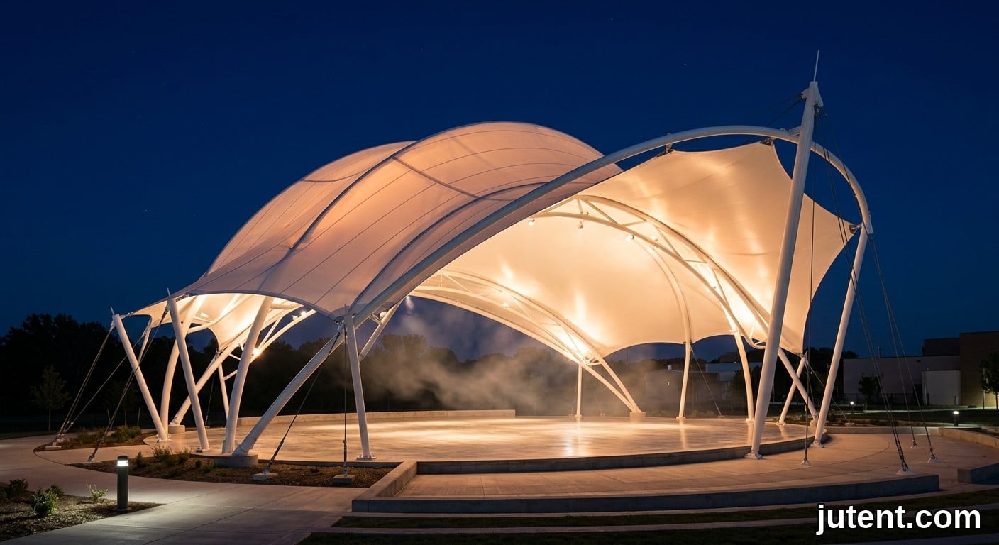 Night photograph of a PTFE membrane stage canopy glowing warmly under stage lights with steel masts against dark sky.