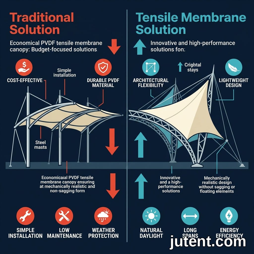 Infografik perbandingan kanopi PVDF mesra bajet dan membran tegangan PTFE yang mementingkan keselamatan untuk tempat duduk sekolah, dengan data kos dan perlindungan UV.