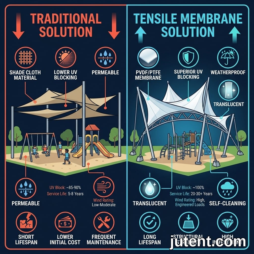Infographic comparing standard shade cloth to PVDF/PTFE tensile membrane, showing solar reflectance and temperature reduction for playground shade.