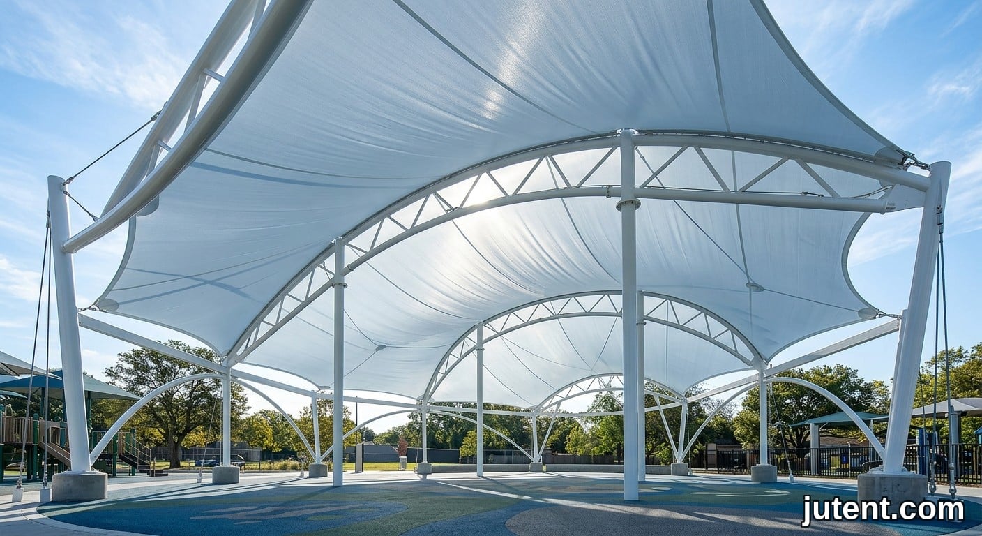 Looking up from beneath a white tensile membrane canopy, showing taut fabric diffusing sunlight for cooler shaded playground area.