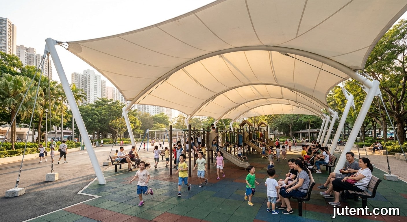 Children and parents enjoying a shaded playground under a large white tensile membrane structure on a warm sunny day.