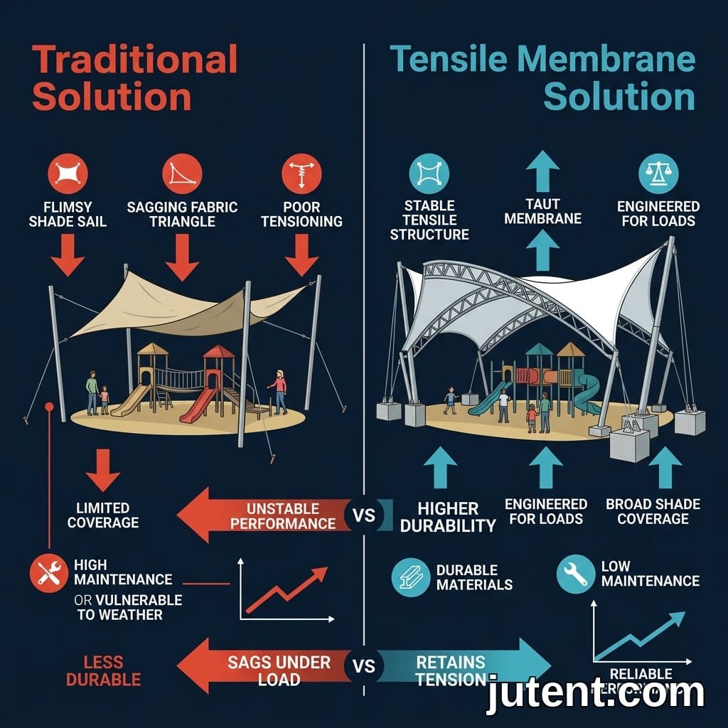 Infográfico comparando cobertura tensionada e toldo de vela para estruturas de sombra em parques infantis com dados de proteção UV e durabilidade