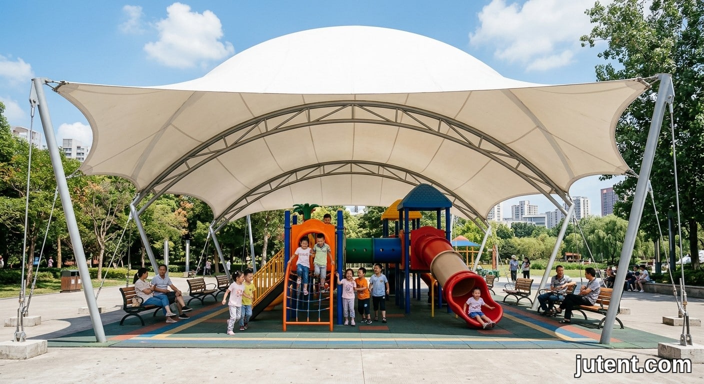Crianças brincando felizes sob uma grande cobertura de membrana tensionada em um parquinho, sombra segura e ambiente iluminado