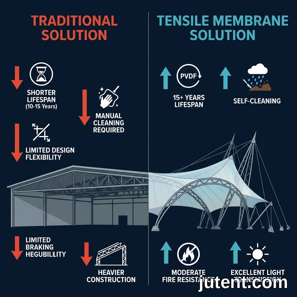 Infographie comparant la durée de vie, la résistance au feu, les propriétés autonettoyantes et le coût des membranes tendues en PVDF et PTFE pour les verrières d'atrium.