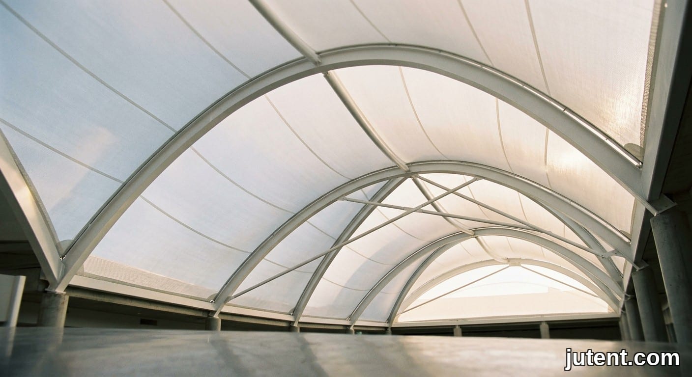 Photo de smartphone prise vers le haut d'une membrane tendue en PTFE avec lumière naturelle diffuse et arches en acier à l'intérieur d'un atrium moderne.