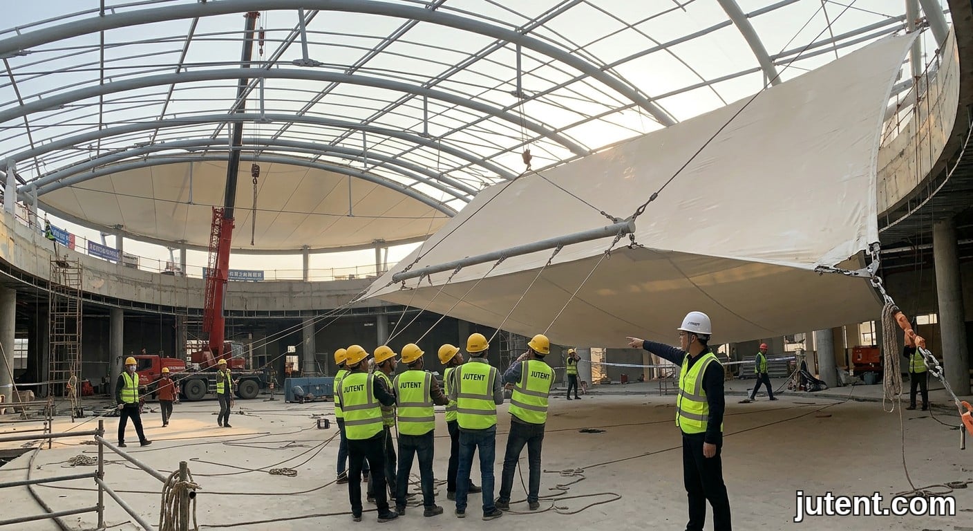 Photo de chantier d'une grande membrane tendue en PVDF en cours de tension par des ouvriers portant des casques jaunes et des gilets JUTENT sur une structure en acier.