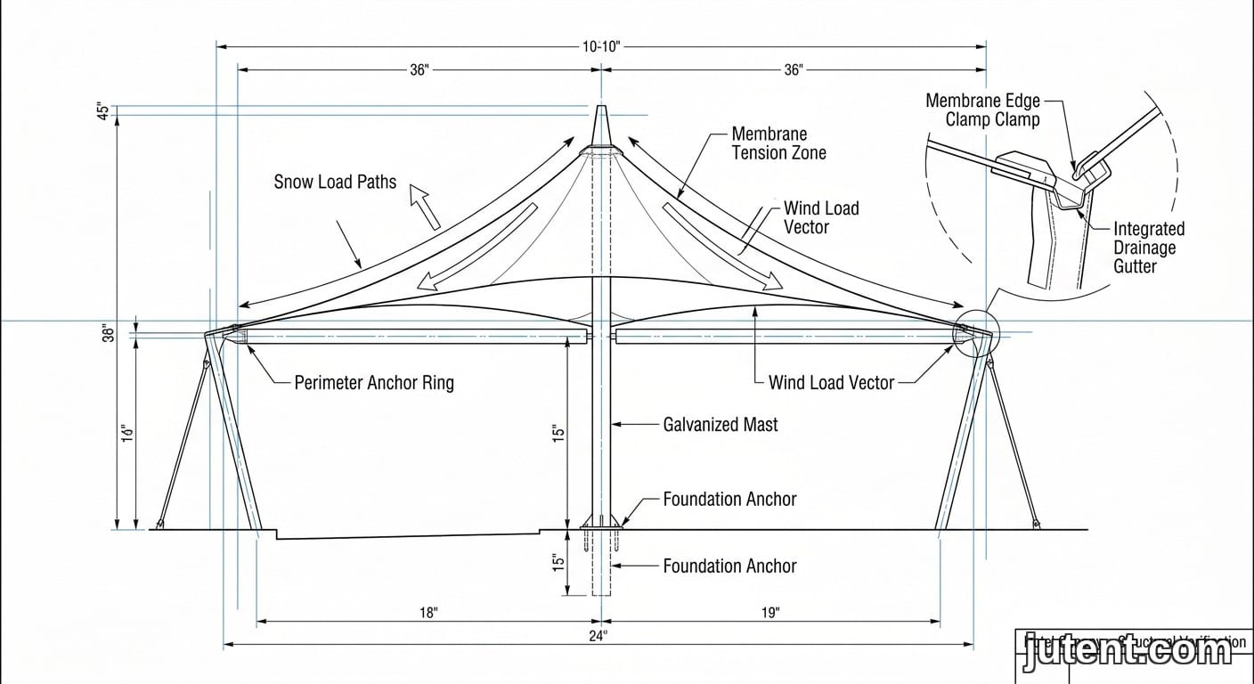 Diagrama de seção transversal técnica rotulada de cobertura tensionada para hotel, mostrando tensão da membrana, suporte do mastro, setas de carga de vento e detalhes da ancoragem.