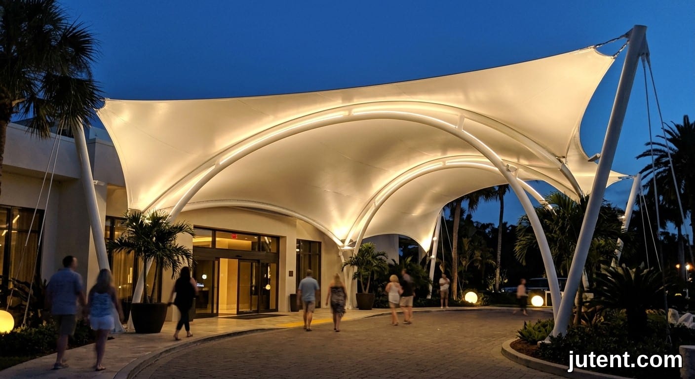 Foto de smartphone ao entardecer de um toldo de membrana tensionada branca e brilhante cobrindo a entrada de um hotel com iluminação indireta quente.