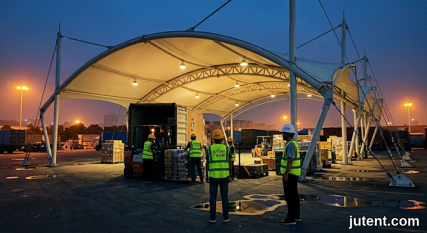 Foto senja kanopi dok pemuatan membran tegangan yang diterangi dari bawah, dengan trak berlabuh dan pekerja aktif, menunjukkan fabrik PTFE yang bercahaya pada waktu malam.
