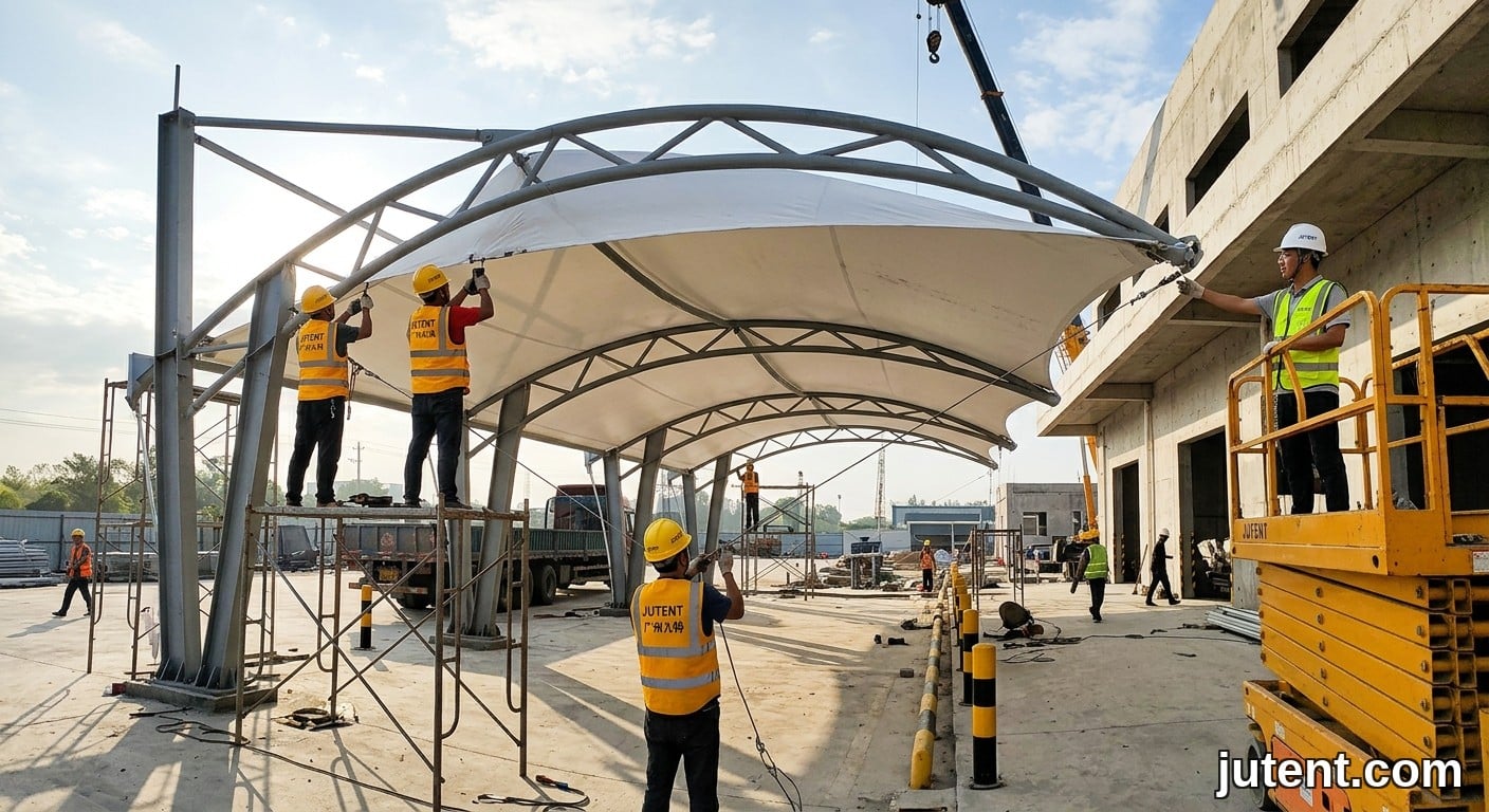 Foto tapak pembinaan sudut lebar menunjukkan pekerja memakai vest JUTENT memasang kanopi membran tegangan di atas dok pemuatan dengan penyelia di atas lif.