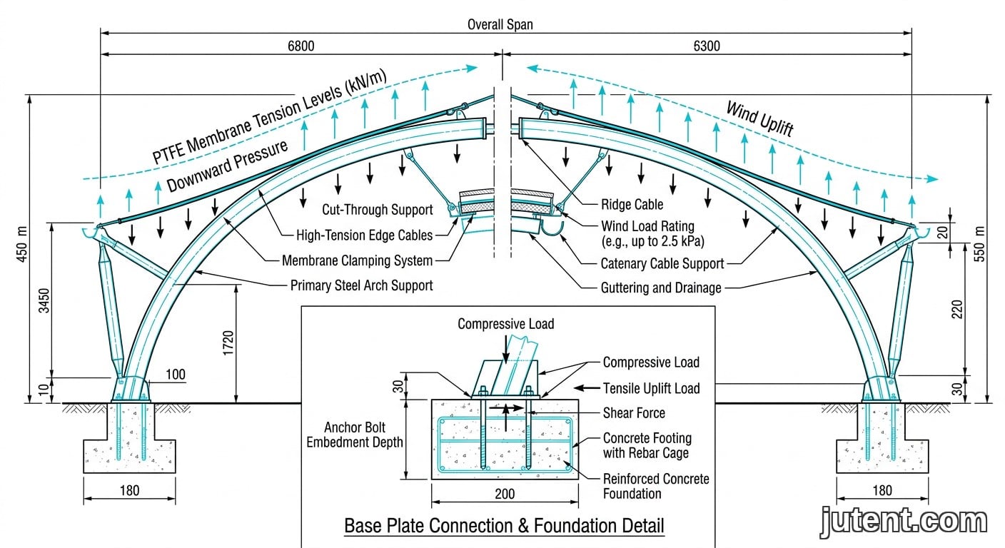 Technical cross-section diagram of a tensile membrane retail walkway canopy showing wind load paths, anchor details, and membrane tension.