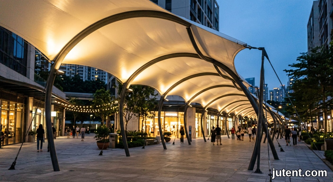 Nighttime shot of a curved tensile membrane retail walkway canopy glowing warmly under ambient streetlight at dusk.