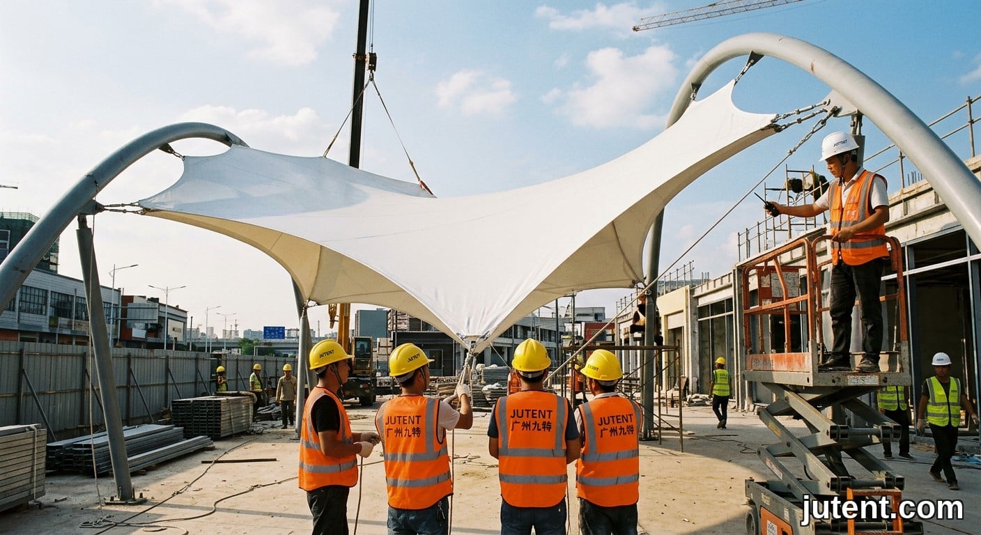 Mid-installation of a tensile membrane retail walkway canopy with workers in yellow helmets and JUTENT vests on site.