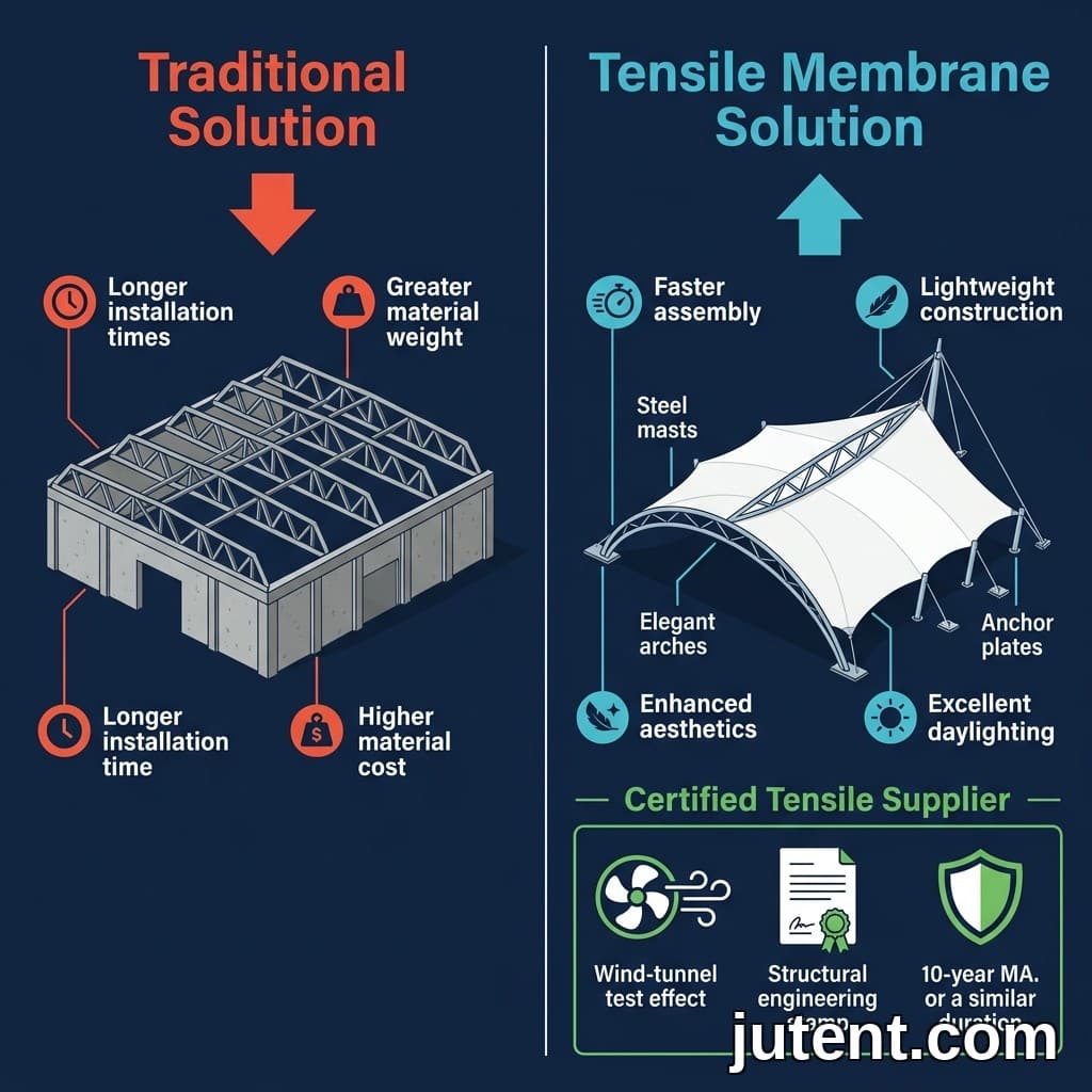 Infografik membandingkan pembekal kanopi membran tegangan yang diperakui dan tidak disahkan dengan ikon senarai semak, penarafan angin, dokumentasi dan data waranti.