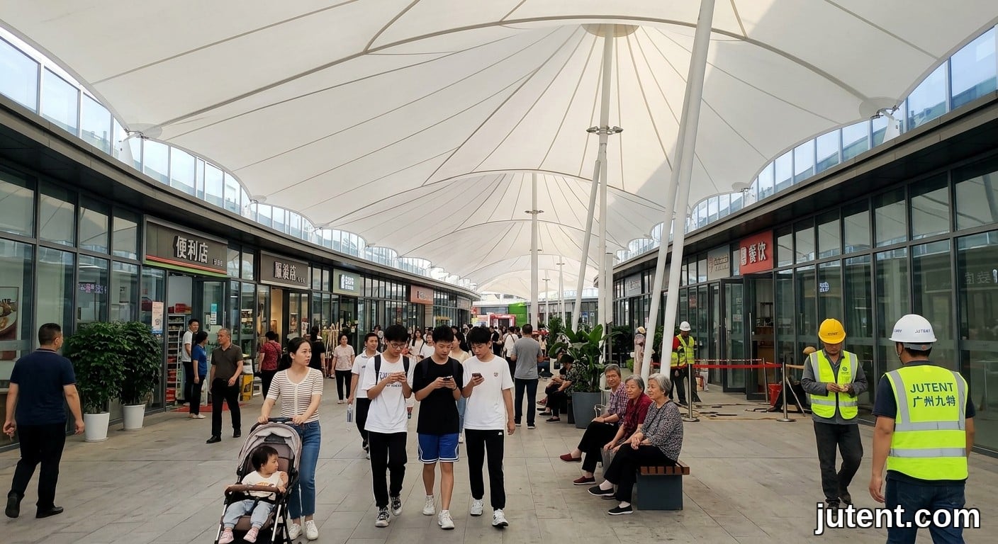 Gambar spontan pembeli Cina berjalan di bawah kanopi membran tegangan lebar di plaza runcit, cahaya petang semula jadi, pelbagai kumpulan umur.