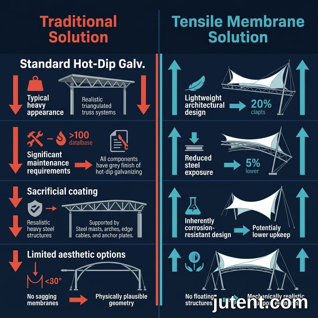 Infographie comparant la galvanisation à chaud standard et le système anticorrosion de qualité marine Jutent avec heures d'essai au brouillard salin et couches de revêtement.