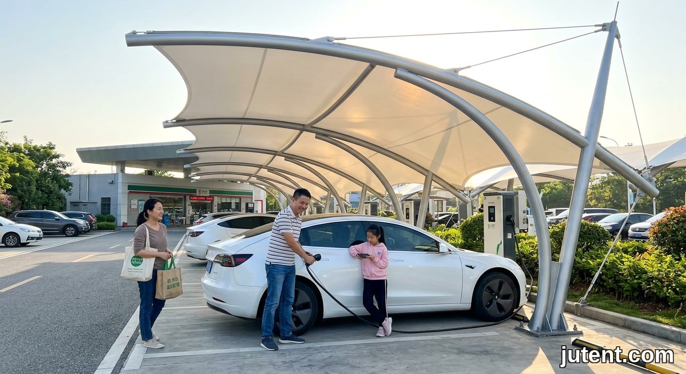 Photo décontractée d'une famille rechargeant une voiture électrique sous un grand auvent en tissu tendu blanc dans une station-service, journée ensoleillée.
