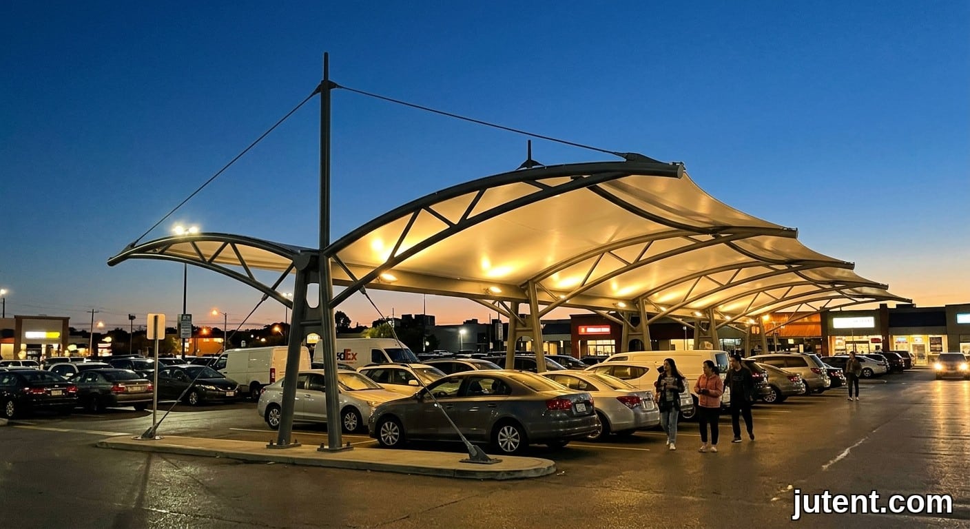 ภาพถ่ายสมาร์ทโฟนในยามพลบค่ำแสดงหลังคาที่จอดรถแบบ tensile membrane ที่เรืองแสงเหนือรถที่จอดอยู่ พร้อมบรรยากาศแสงไฟถนนที่อบอุ่น