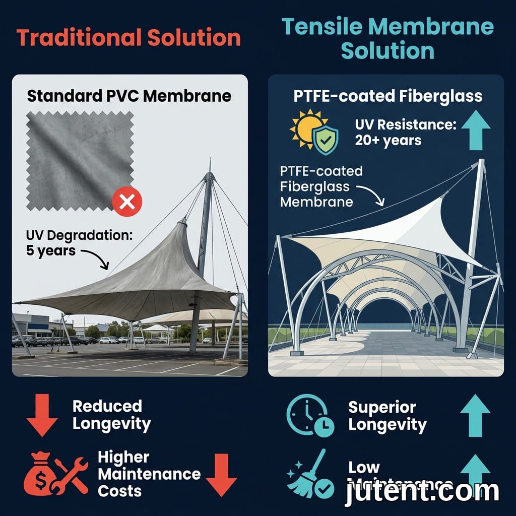 Infographic comparing standard PVC vs. high-performance PTFE/PVDF membranes for UAE sports court canopies with durability icons and data callouts.