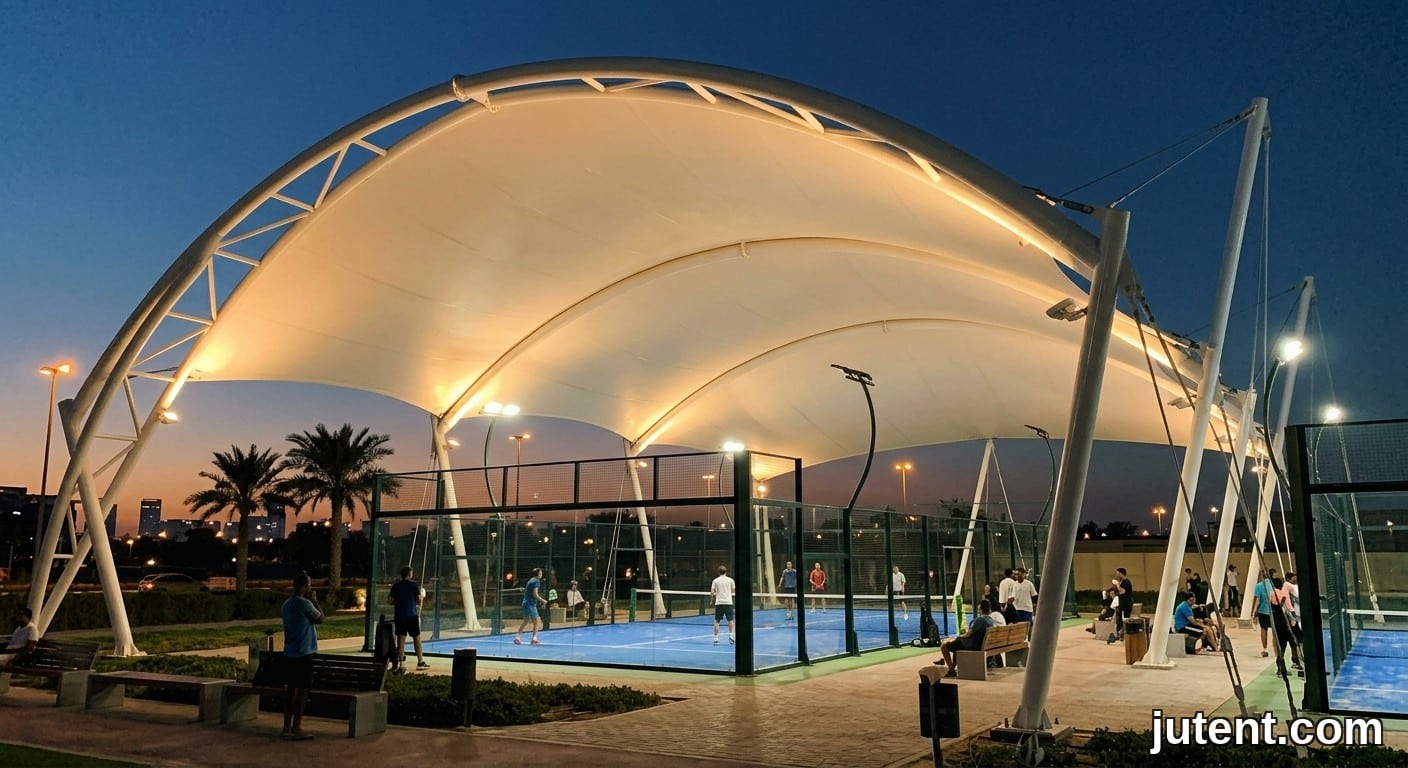 Nighttime padel court in Dubai under a glowing white tensile membrane canopy, warm LED lighting, desert sky at dusk.
