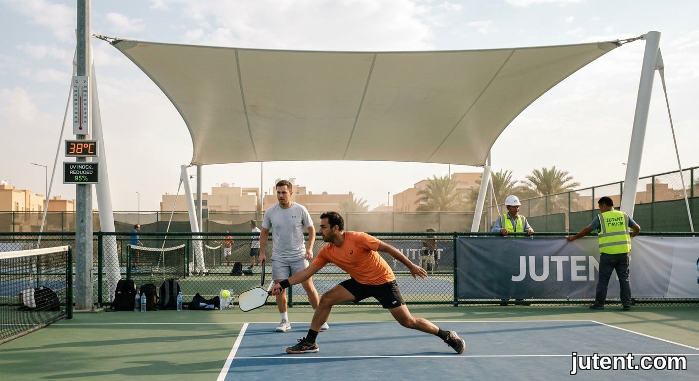Candid photo of pickleball players in Riyadh playing under a large white tensile membrane canopy, showing heat reduction on court.