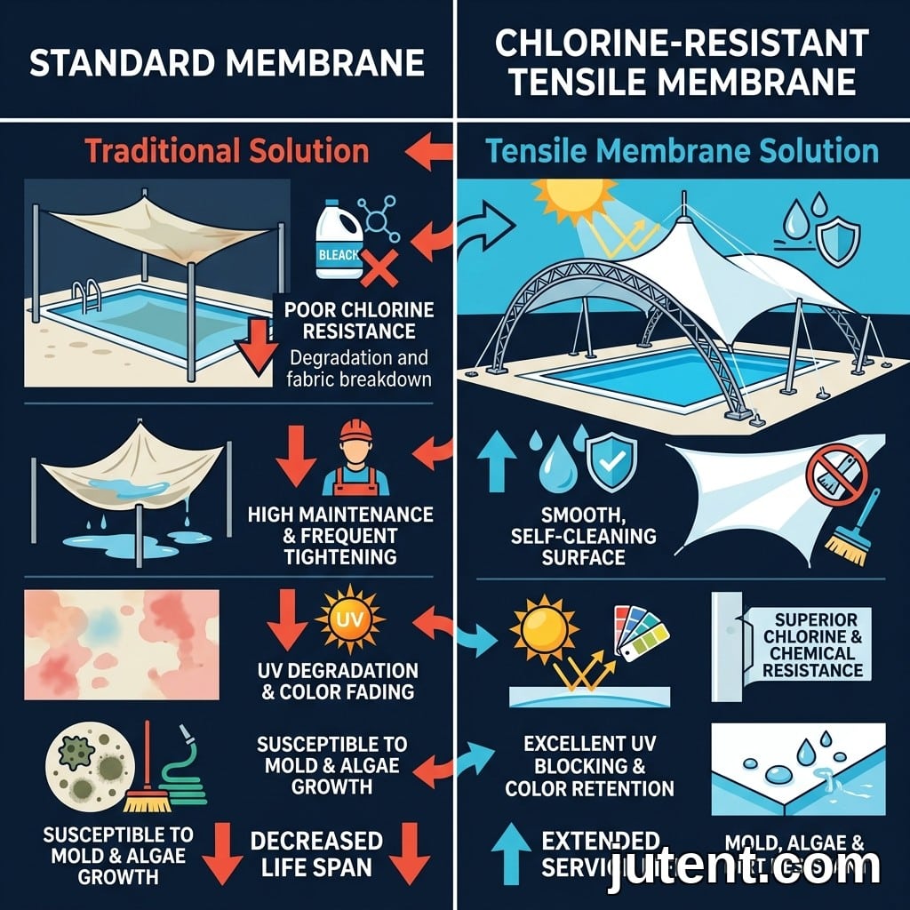 Infographie comparant une membrane en tissu standard et une verrière tendue en PTFE résistante au chlore, montrant les données de rouille et de corrosion, la charge de vent et les spécifications des matériaux.