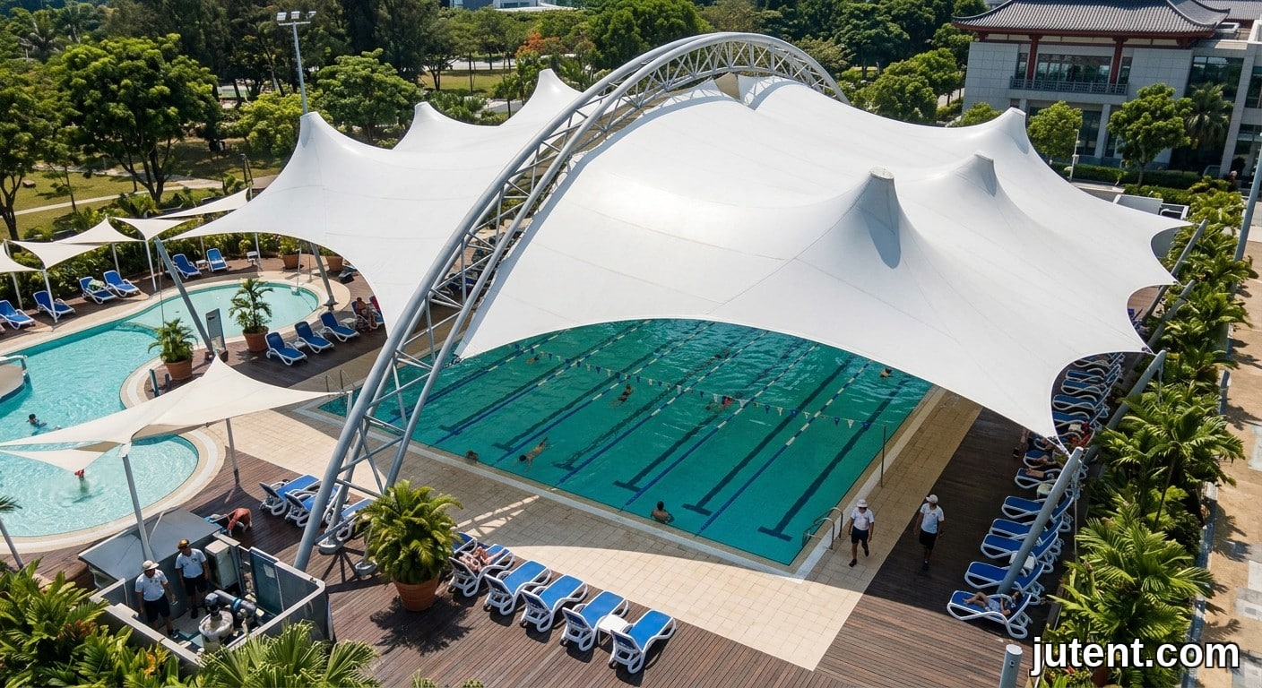 Photo aérienne par drone d'un complexe de piscines couvert par une grande toile tendue en PTFE blanc, avec piscine olympique et espace de loisirs.