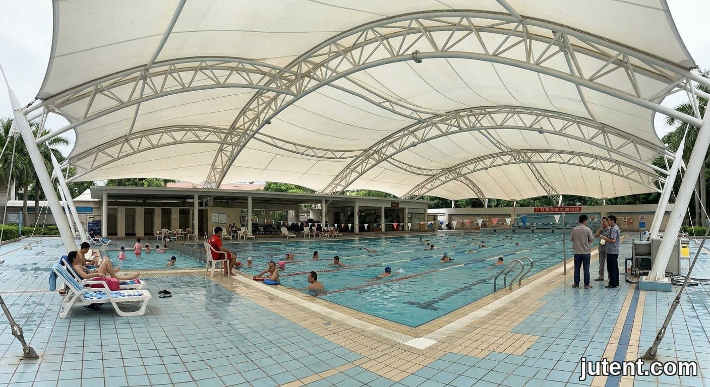 Des personnes nagent et se détendent sous une toile tendue résistante au chlore dans une piscine commerciale, avec une eau claire et des supports en acier inoxydable.