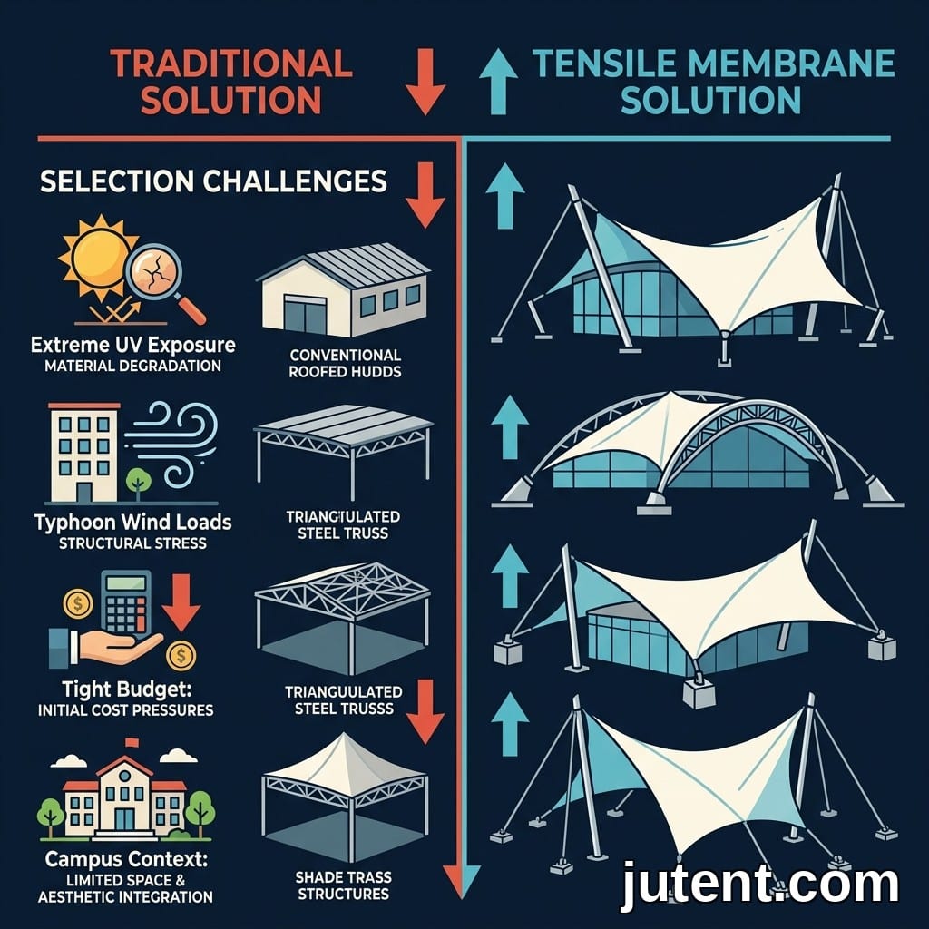 Infographic comparing school walkway canopy selection challenges and Jutent solutions across three international projects