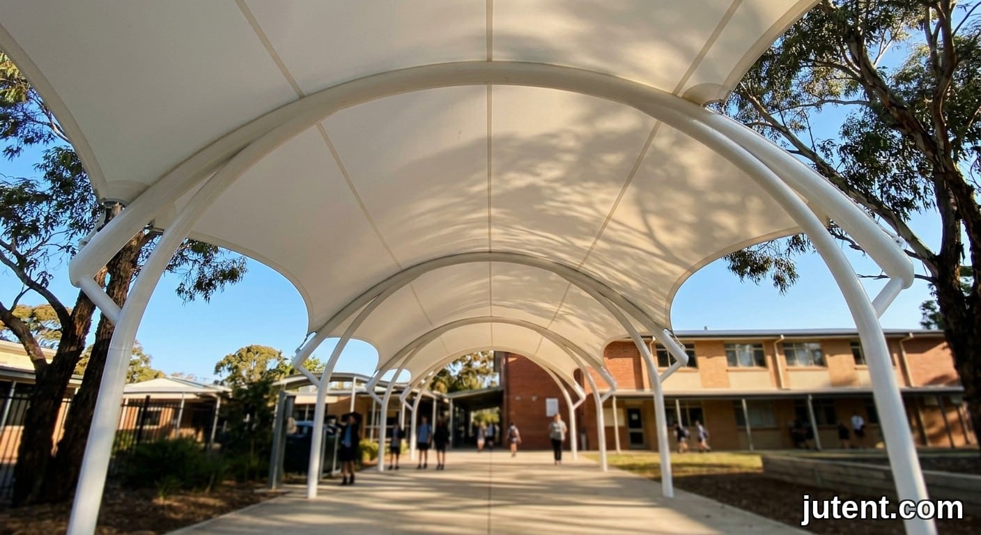Looking up from underneath a taut white PTFE tensile membrane school walkway canopy, steel arches visible, soft sunlight filtering through