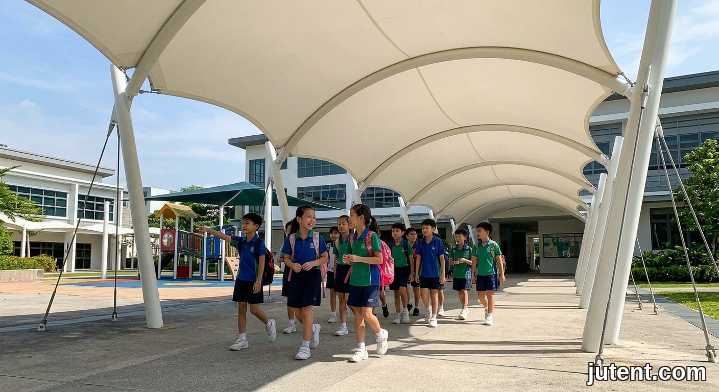 Primary school children walking under a white tensile fabric walkway canopy on a sunny day, natural candid shot