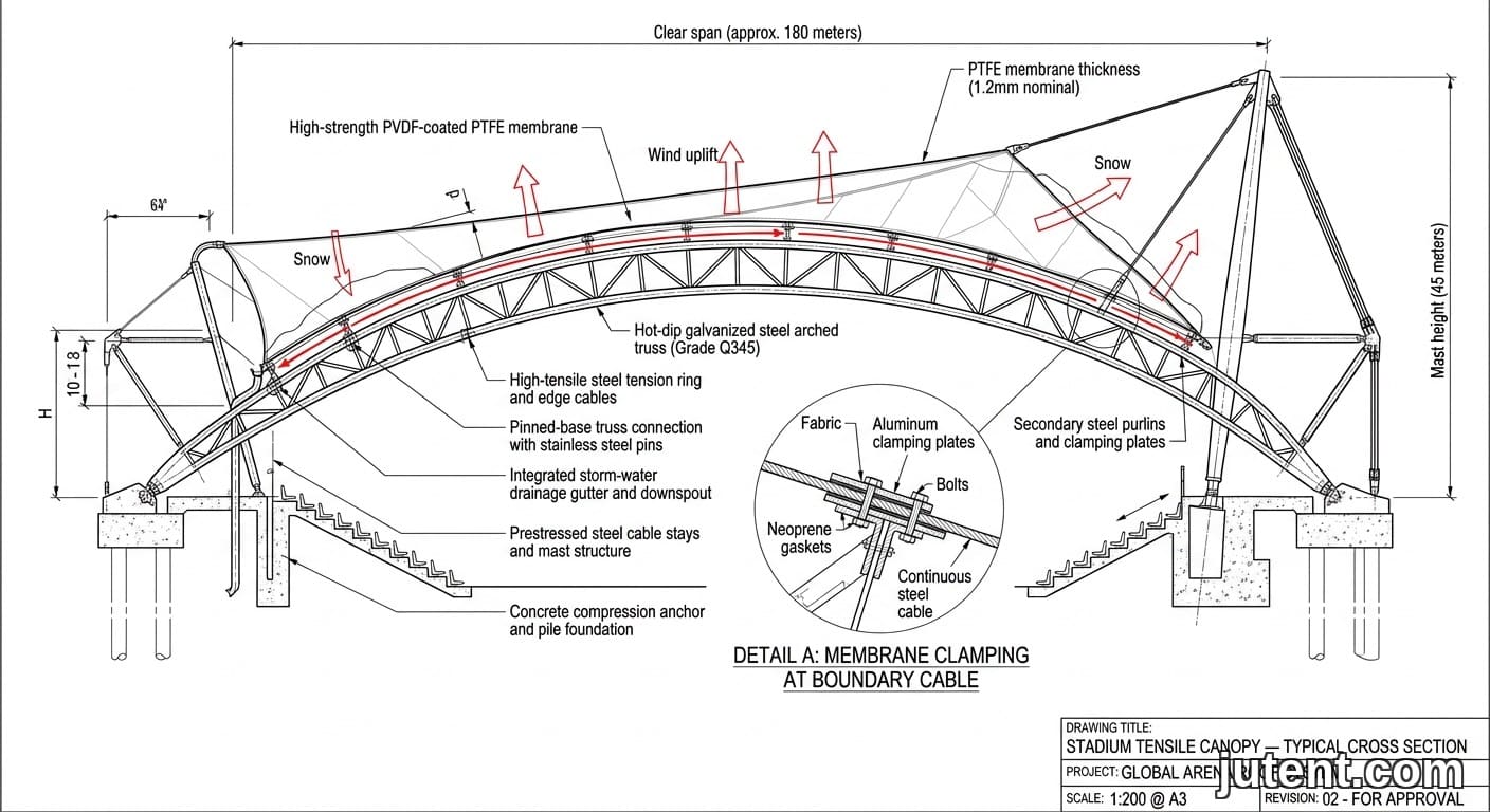 Labeled engineering cross-section diagram of a stadium tension membrane canopy showing structural layers, load paths, and anchor details in blueprint style.