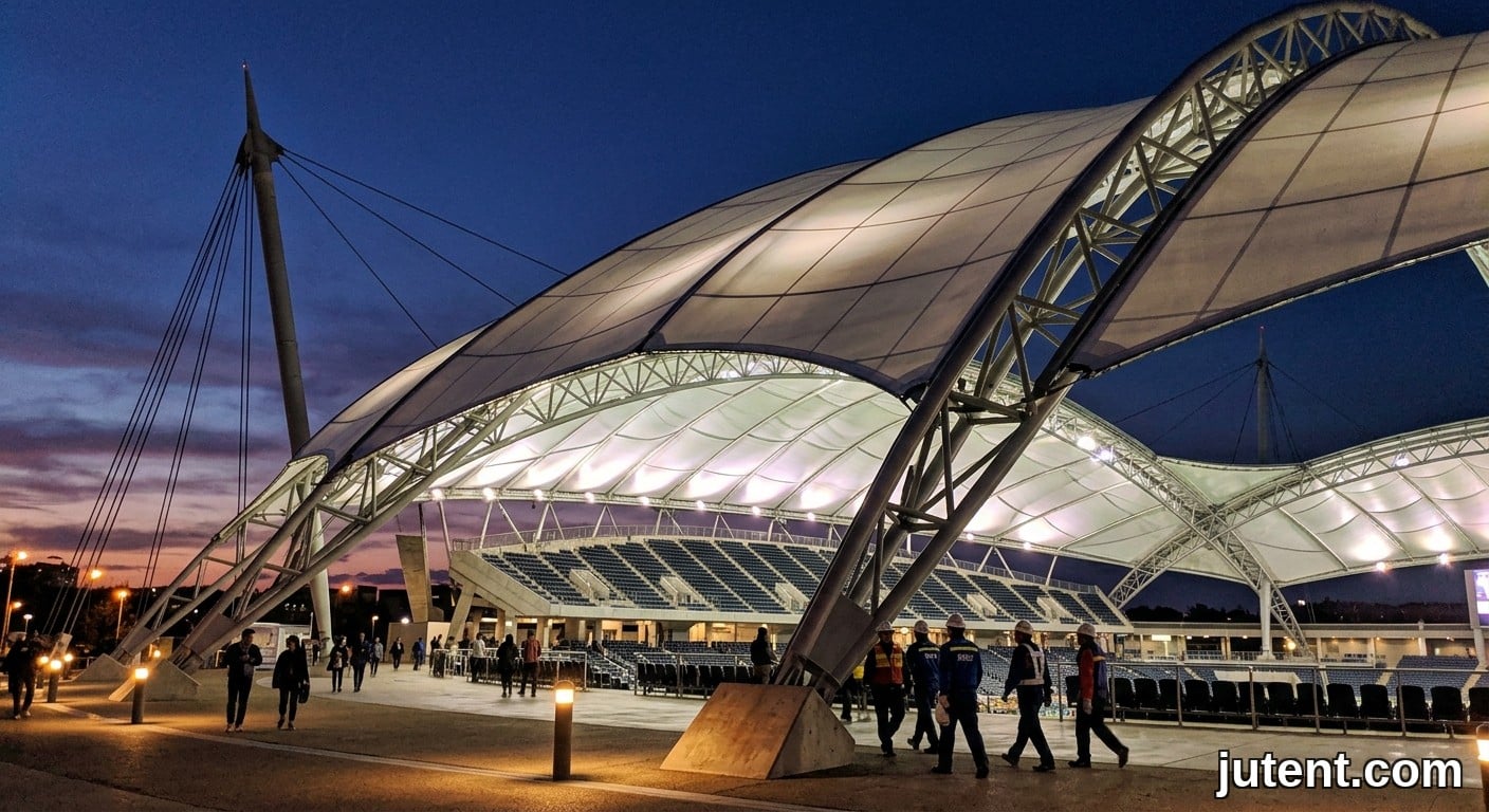 Smartphone photo at dusk of a stadium with glowing tensioned membrane canopy, warm LED lighting against blue sky, empty seats below.