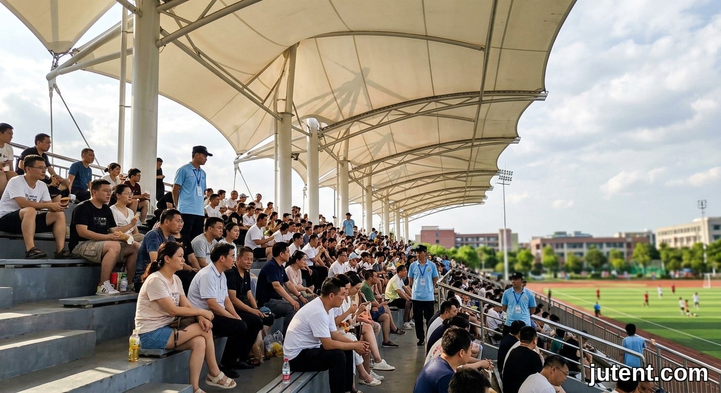 Candid photo of crowd under a large stadium tensile membrane shade structure, sunlight through fabric, casual outdoor event.