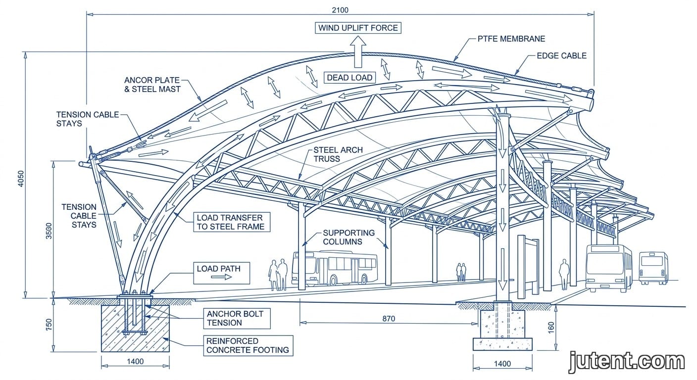 แผนภาพหน้าตัดทางวิศวกรรมของหลังคาเมมเบรนเทนไซล์ของสถานีรถโดยสาร แสดงเส้นทางรับน้ำหนัก รายละเอียดจุดยึด และแรงยกตัวจากลม