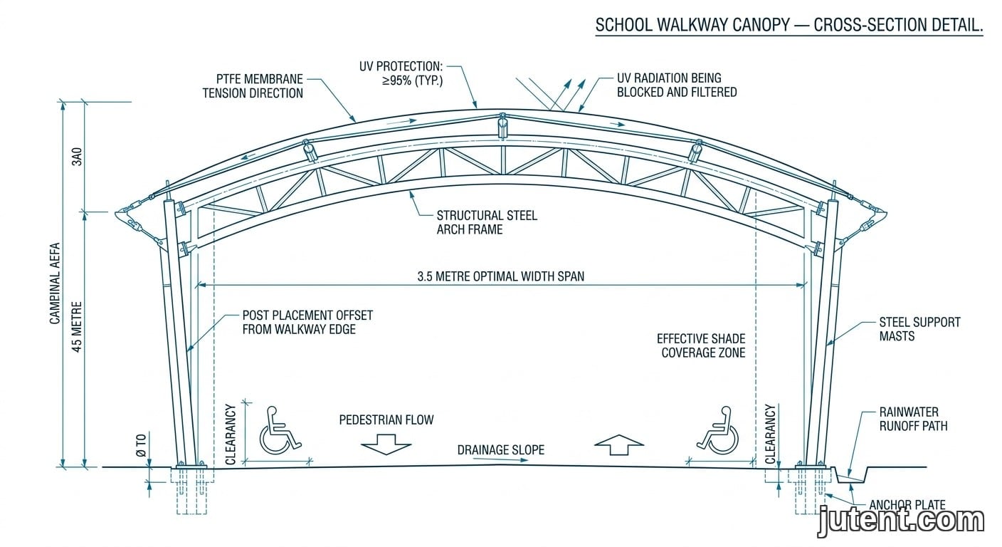 Diagrama de seção transversal de planta técnica de cobertura de membrana tensionada para passarela escolar, mostrando proteção UV, dimensões de largura, inclinação de drenagem e posicionamento de pilares com anotações