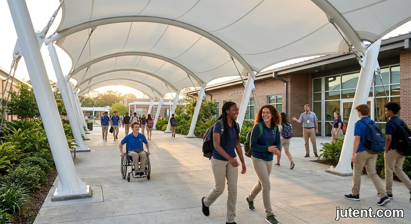 Foto espontânea de smartphone de diversos alunos caminhando sob uma cobertura de membrana tensionada branca para passarela escolar durante a hora dourada, mostrando acessibilidade e proteção UV