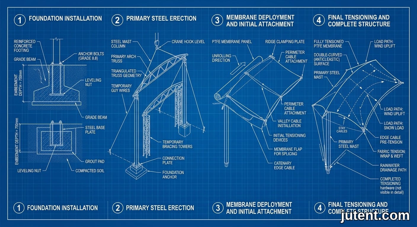 Schéma technique montrant quatre phases d'assemblage d'une canopy de tribune : fondations, montage de l'acier, fixation de la membrane et mise en tension finale.