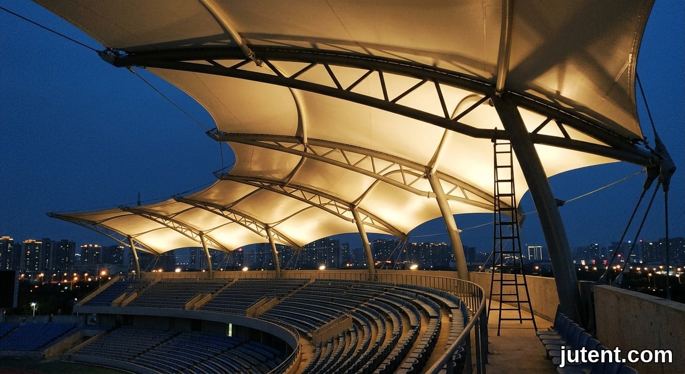 Photo crépusculaire d'une tribune de stade avec une canopy en membrane PTFE lumineuse, éclairage dramatique, sièges vides et ciel sombre.