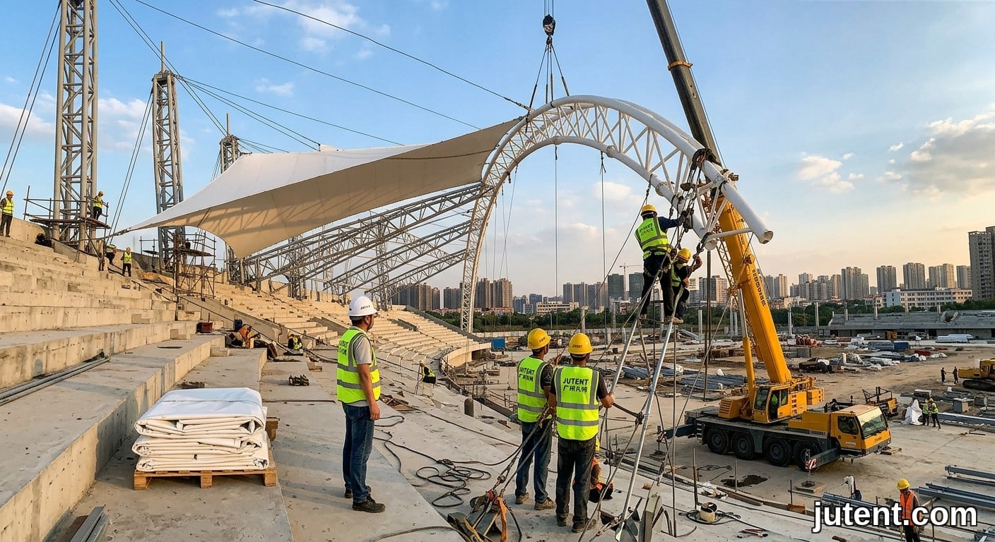 Photo de chantier avec une grue soulevant un arc en acier, des ouvriers portant des casques jaunes et des gilets JUTENT, des rouleaux de membrane à proximité.
