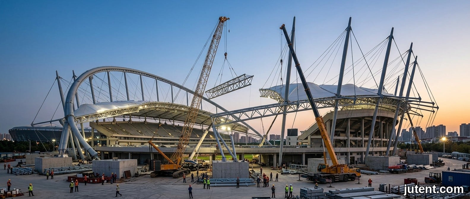 Tensile membrane structure – Site Assembly Logistics for Stadium Grandstand Roof Erection