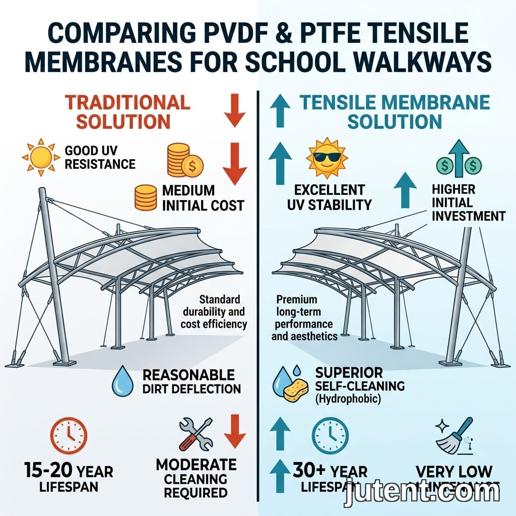 Infographie comparant les matériaux de membrane tendue en PVDF et PTFE pour les auvents de passerelles scolaires, mettant en évidence l'indice UPF 50+ et les données de durabilité.