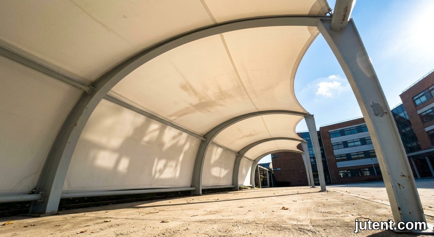 Photo prise avec un smartphone regardant vers le haut d'un auvent scolaire en membrane tendue lisse, la lumière du soleil se diffusant à travers le tissu, sans câbles visibles, des arches en acier soutiennent la structure.