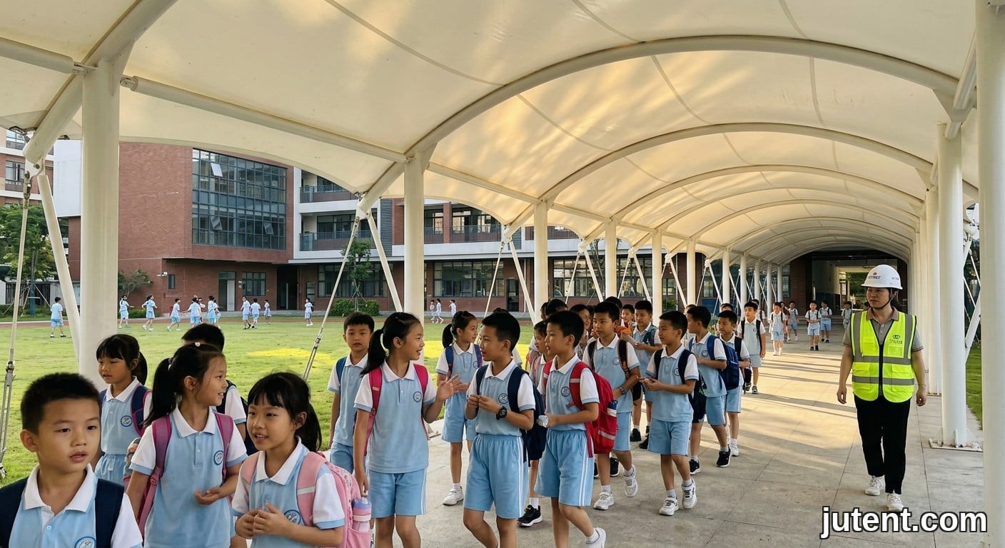 Élèves marchant sous un auvent scolaire en membrane tendue blanche, protégés du soleil, photo naturelle et spontanée montrant une passerelle sécurisée contre les UV en utilisation.