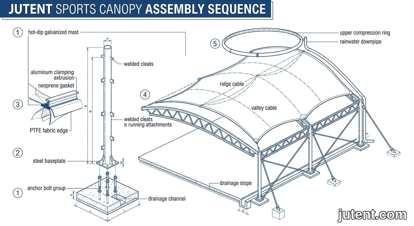 Labeled technical diagram showing exploded cross-section of a tensile sports canopy: foundation, steel mast, PTFE membrane clamping and drainage.