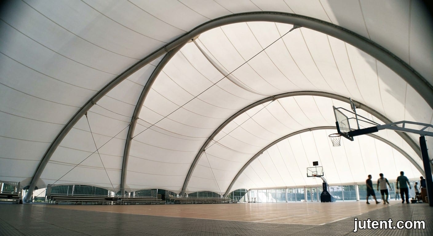 Looking up at a smooth PTFE membrane roof over a basketball court, supported by steel arches, natural daylight diffusing through.