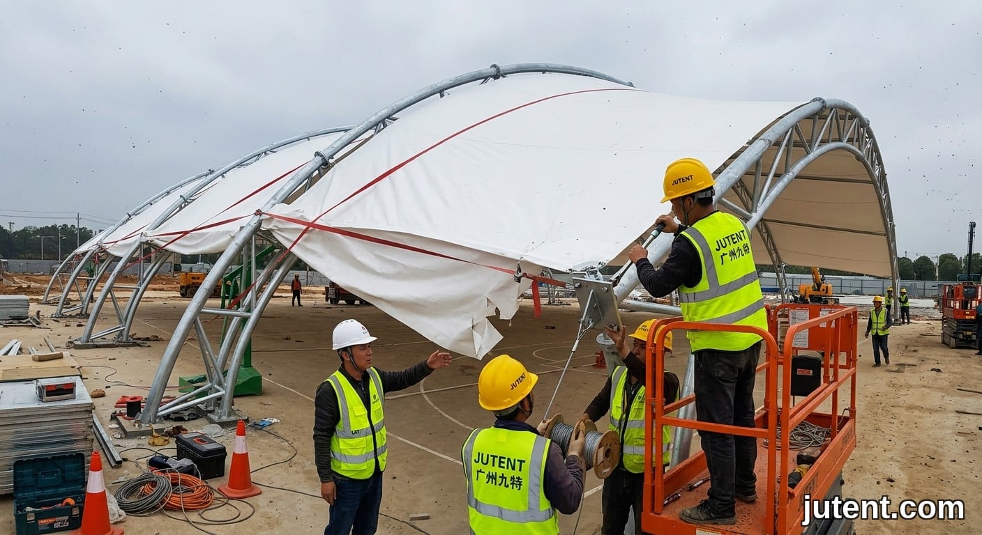 Mid-installation of a sports tensile canopy, workers in JUTENT vests and yellow helmets tensioning white membrane over steel masts.