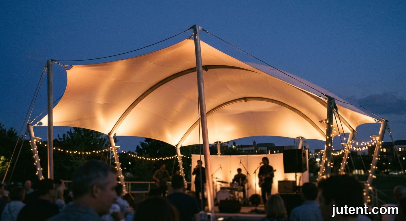 Handheld dusk photo of glowing PTFE tensile membrane stage canopy during a live band performance with warm ambient light.