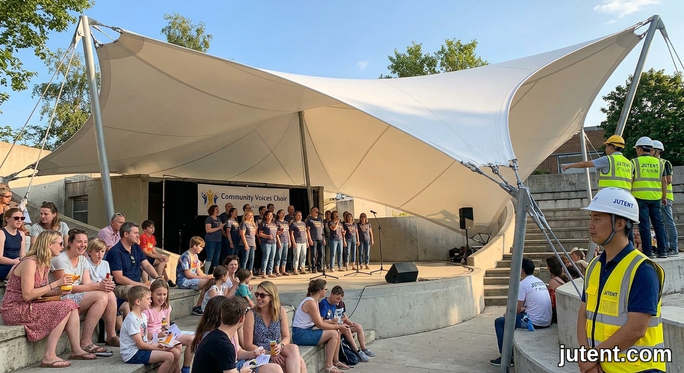 Candid shot of a community choir performing beneath a white PVDF tensile membrane canopy with audience and JUTENT staff.